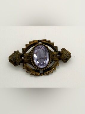 Antique Victorian Lavender Czech Glass Brass Brooch Scarf Pin Purse Charm